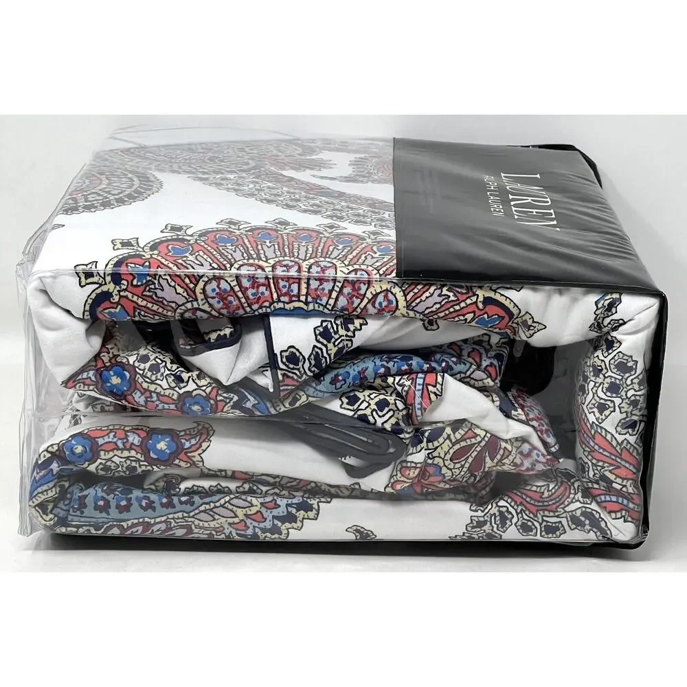 Ralph Lauren Carter Paisley Full Queen Duvet Cover Set Navy Sateen Reversible